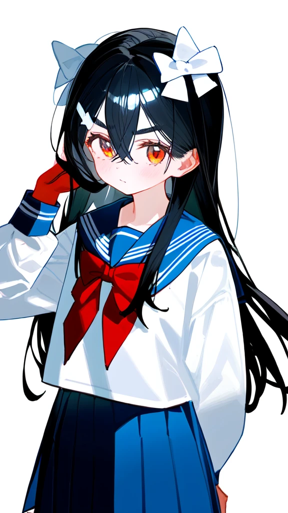 1girl, solo, black hair, long hair, bangs, hair between eyes, eyebrows visible through hair, looking at viewer, white shirt, serafuku, red bow, red bowtie, blue sailor collar, sailor collar, bowtie, long sleeves, blue skirt, pleated skirt, simple backgroundbest quality, amazing quality, very aesthetic, absurdres