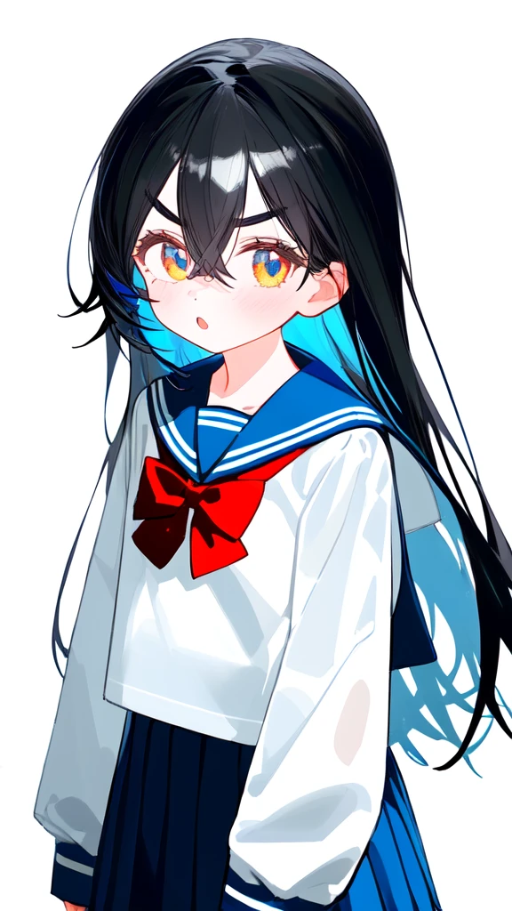 1girl, solo, black hair, long hair, bangs, hair between eyes, eyebrows visible through hair, looking at viewer, white shirt, serafuku, red bow, red bowtie, blue sailor collar, sailor collar, bowtie, long sleeves, blue skirt, pleated skirt, simple backgroundbest quality, amazing quality, very aesthetic, absurdres