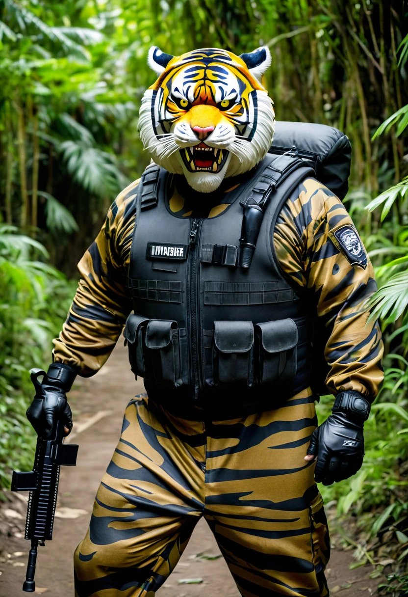 (a dark-skinned fat old man in a bulky camouflage zipper diver suit) (wearing realistic roaring siberian tiger mask that show the wearer eyes) carrying sniper rifle onn his back, patrolling, holding large machete, muscular, toned muscles, imposing strature, Basuki Abdullah, sumatraism, action, a character portrait, heroic, fierce, snarling, jungle