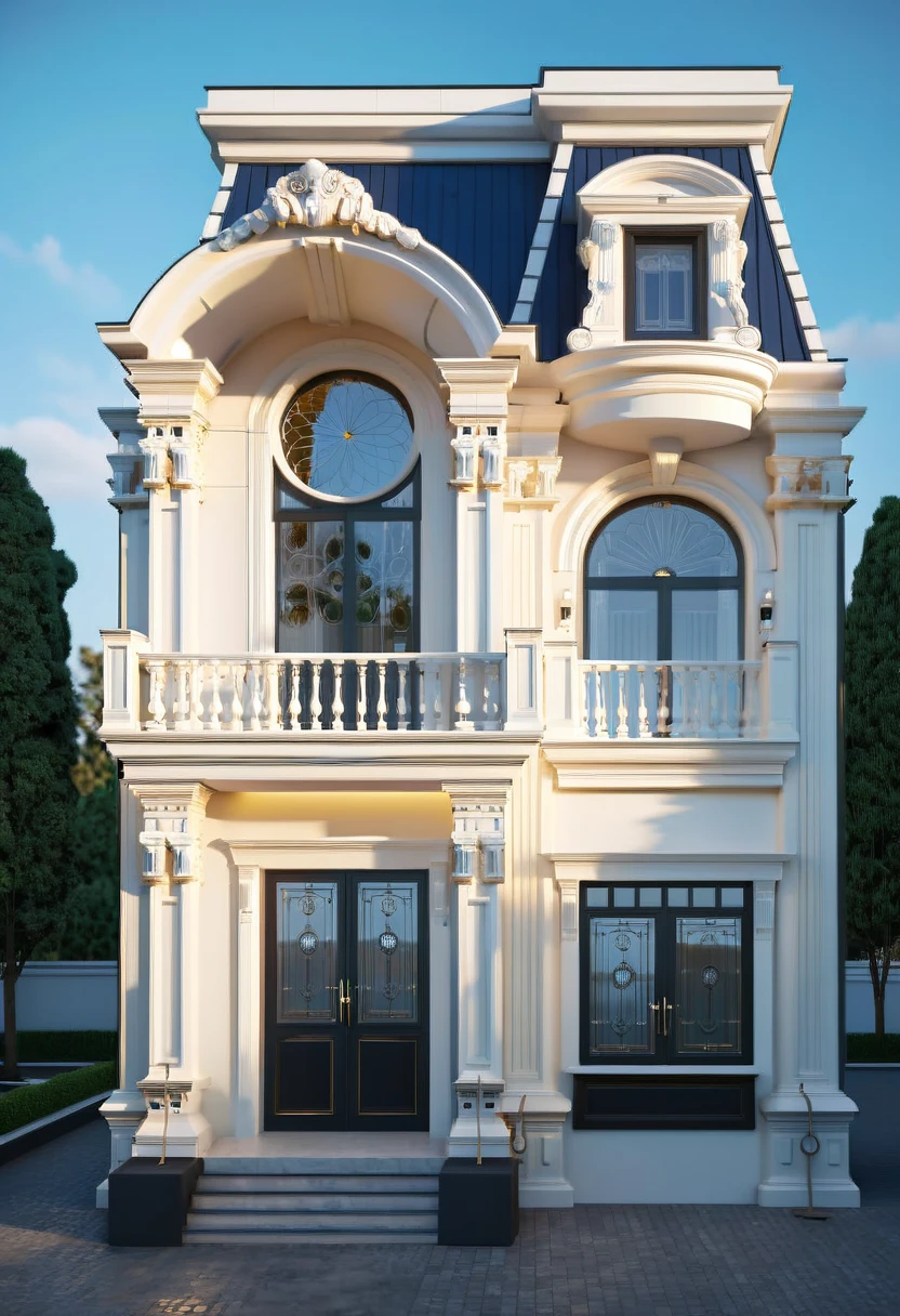 RAW photo, masterpiece, house with a car parked in front of it, neo - classical style, rendered in lumion pro, classicism style, classicism artstyle, lumion render, rendered in lumion, architectural visualization, neoclassical style, in style of classicism, white light sun, rendered in vray, rendered in v-ray, rendered in unreal engine 3d, (photorealistic:1.2), best quality, ultra high res, exterior, architechture,modern house,(white wall:1.4), (detail gate black:1.4), (photorealistic:1.4), best quality, ultra high res, exterior,architechture,neoclassic house,(white wall:1.2), (detailed reliefs:1.2), (The front 1st floor has 4 windows), (the right side 1st floor has 4 windows), (the main side has three-step stairs), (the right side has three-step stairs) ,glass windows,,trees,traffic road, blue sky,in the style of realistic hyper-detailed rendering, luxury neoclassical villa, in the style of neoclassical scene, glass windows, (white navy roof:1.2), best quality, (straight strokedetail:1.1) roof top, (Intricate lines:1.4), ((Photorealism:1.4)),(((hyper detail:1.4))), archdaily, award winning design, (dynamic light:1.3), (night light:1.2), (perfect light:1.3), (shimering light :1.4), refection glass windows, (curved line architecture arch:1.2), trees, beautiful sky, photorealistic, FKAA, TXAA, RTX, SSAO, Post Processing, Post-Production, CGI, VFX, SFX, Full color,((Unreal Engine 5)), Canon EOS R5 Camera + Lens RF 45MP full-frame CMOS sensor, HDR, Realistic,8k,((Unreal Engine 5)), Cinematic intricate detail, extreme detail, science, hyper-detail, FKAA, super detail, super realistic, crazy detail, intricate detail, nice color grading, reflected light on glass, eye-catching wall lights, unreal engine 5, octane render, cinematic, trending on artstation, High-fidelity, Viwvid, Crisp, Sharp, Bright, Stunning, ((Lifelike)), Natural, ((Eye-catching)), Illuminating, Flawless, High-quality,Sharp edge rendering, medium soft lighting, photographic render, detailed archviz,3d styl