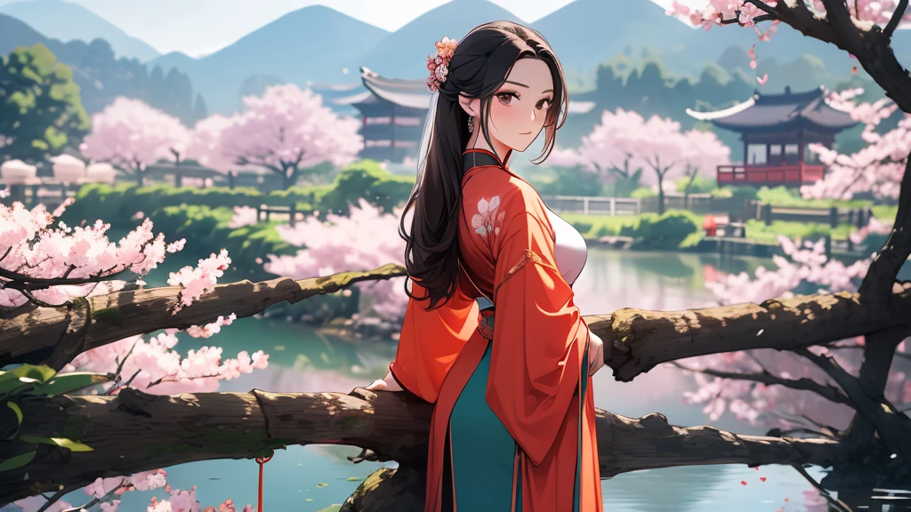 A woman stands with her back under a peach blossom tree rising next to a river., Chinese style, Imperial Hanfu costume, overflowing flowers, distant view  ((background:1.8))
