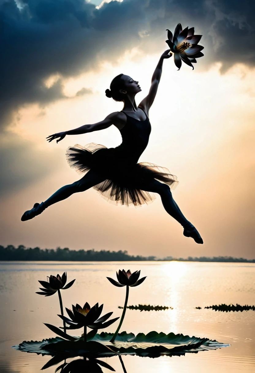rainstorm,Rain splash,Girl shows black silhouette,Contrast with bright background,ballet silhouette,High contrast,Silhouette ballerina on the lake,lotus, lily pad,Shooting against the light,