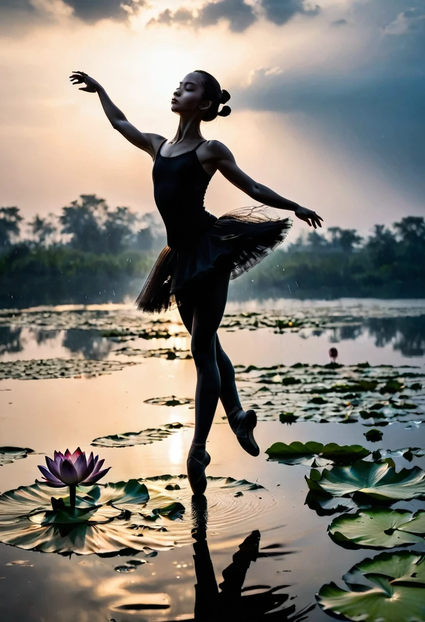 rainstorm,Rain splash,Girl shows black silhouette,Contrast with bright background,ballet silhouette,High contrast,Silhouette ballerina on the lake,lotus, lily pad,Shooting against the light,