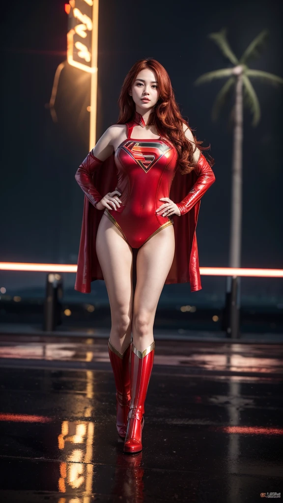 (masterpiece), (best quality), (ultra detailed), (epic lights reflection), glowing, luminous, 1girl, red eyes, red hair, full makeups, red lips, hair blown by strong winds, she is a Beautiful Supergirl,very tight body shape suit, red cape blown by winds, full body, symmetrical pose, model posing in the middle, metropolis city,