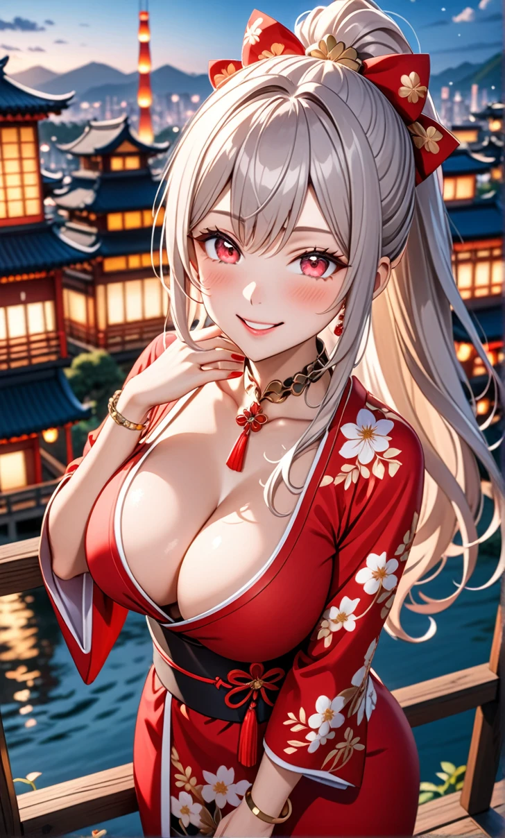 ultra-detailed, ((one girl)), hyper detailed, absurdres, 8K, Beautiful Face, (Laugh shyly), ((teasing smile:1.8)), ((Wink:1.8)), (Laugh with your mouth wide open),(Tilt your head:1.3),(Put your hand over your mouth:1.8), View your viewers, ((Bright red cheeks:1.6)),Glossy Red Lips, ((Big Breasts:1.5)), (valley),night, Large rivers,On Bridge, firework, (Brighten your face), ((Anime style background)),masterpiece, Highest quality, so beautiful,Latest, Complex details, (Pink long nails), (nail art), (ring),(bracelet), (Floral Choker),AI-generated, Complex,High resolution, Highest quality, super high quality,3D Images、3D Images,One person,(Silver long hair),(High Ponytail), Anime woman posing for a photo, (Silvery white eyes), ((Fine grain、sky blue eyes、glowing eyes:1.4)), (Squint your eyes:1.1),a hyperRealistic , hyperRealistic , Realistic,White long hair anime woman, Smooth anime CG art, A girl in a gorgeous kimono with gold embroidery, ((black furisode)),(Red large floral pattern) ,Long flower hair ornament,Floral Earrings,Mature Body, tall,Abdominal muscles,Tight waist, ((learning forword+looking up+from above:1.7))