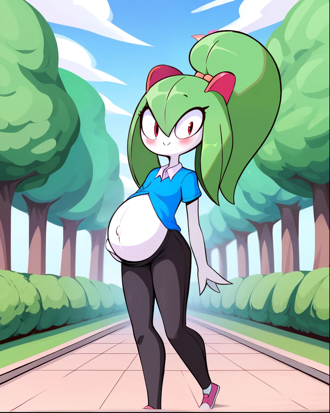 score_9, score_8_up, 1girl, kirlia, happy, full body, school, human proportions, looking at viewer, by diives, pregnant, pregnancy, shy smile, rubor, mirada cansada, caminando, walking, de pie, park, im park, manos en la espalda, hands on her back, Blue shirt, black short, green hair, white skin, piel de porcelana, green hair, blush.