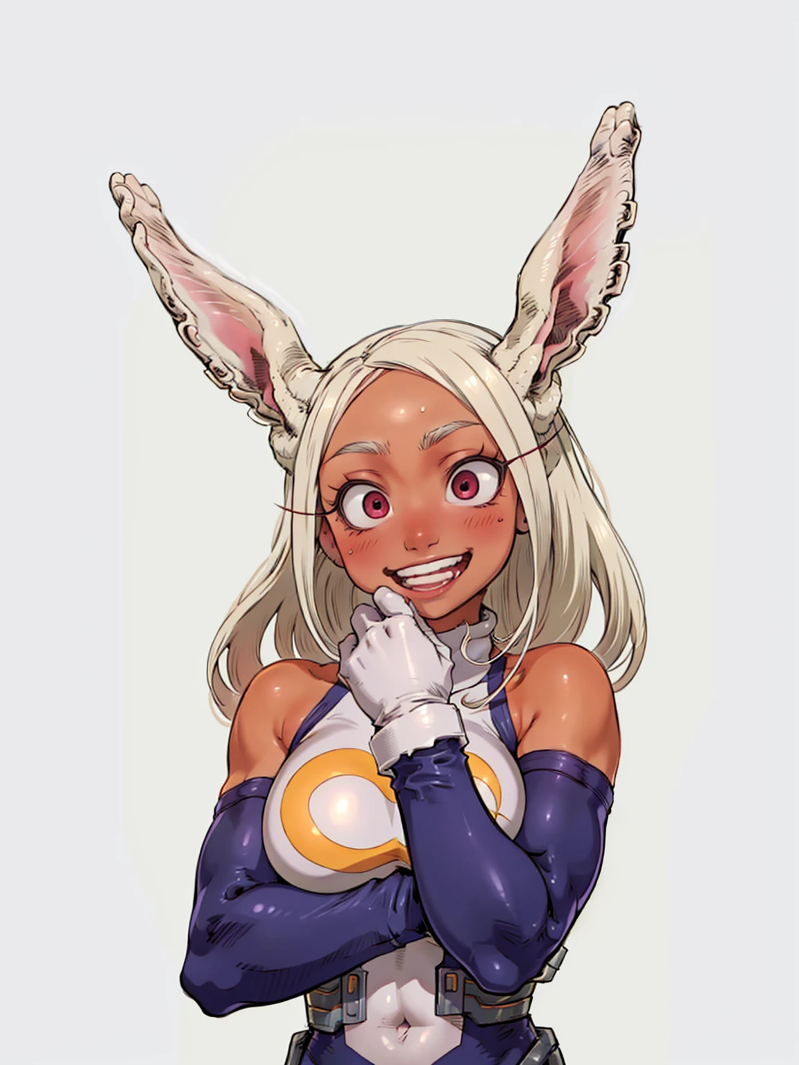  ((mirko, dark_skin, leotard, rabbit_girl, kneehighs, red_eyes, white background)), upper body, crazy big smile, same as original, anatomically correct, fixed hand, hand on chin