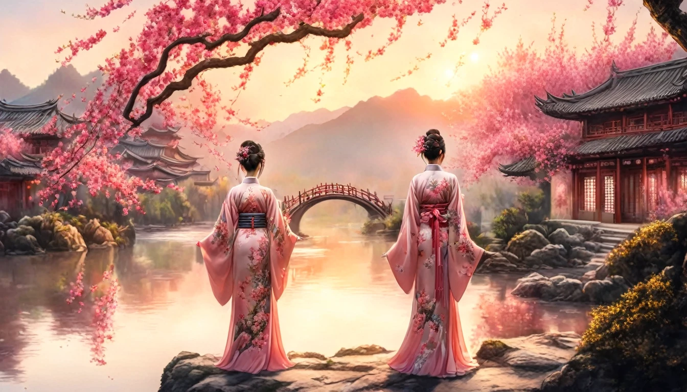 A woman stands with her back under a peach blossom tree rising next to a river., Chinese style, Imperial Hanfu costume, overflowing flowers, distant view ((background:1.8))