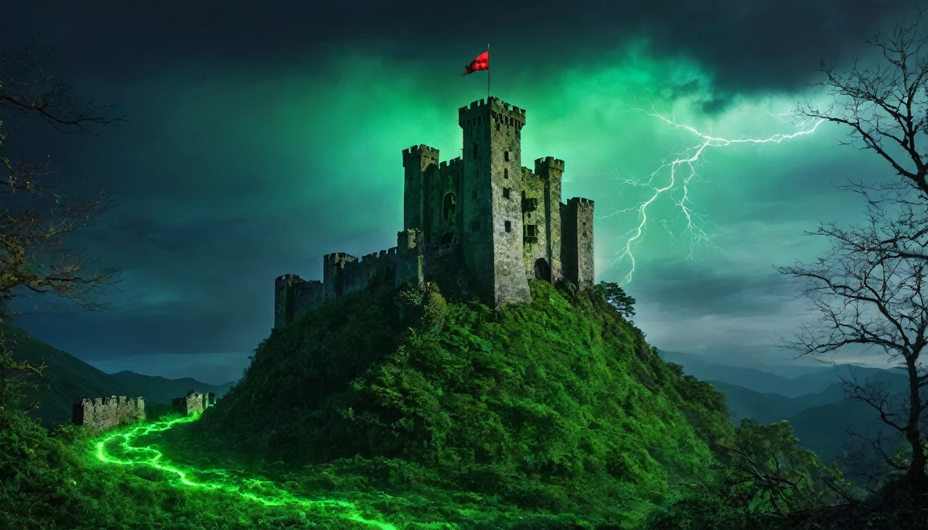 Abandoned Castle A ruined castle stands on the mountaintop。The sky is covered with black clouds、thunder roars。An eerie green light shines on the castle tower.、There is a mist around the castle。In front of the castle gate, a glowing red rune is engraved.、It exudes an ominous atmosphere。