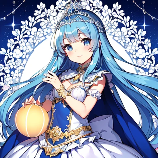looking at viewer,(kawaii),(best quality),(ultra detailed),(rococo style),(long train blue cape:1.15), very long cape,(long train white ball gown with flower decorations:1.1), a girl is wearing a cape over her gown, 1 little princess, tiara, smile, very long hair, small breasts, beautiful detailed eyes, beautiful detailed lips