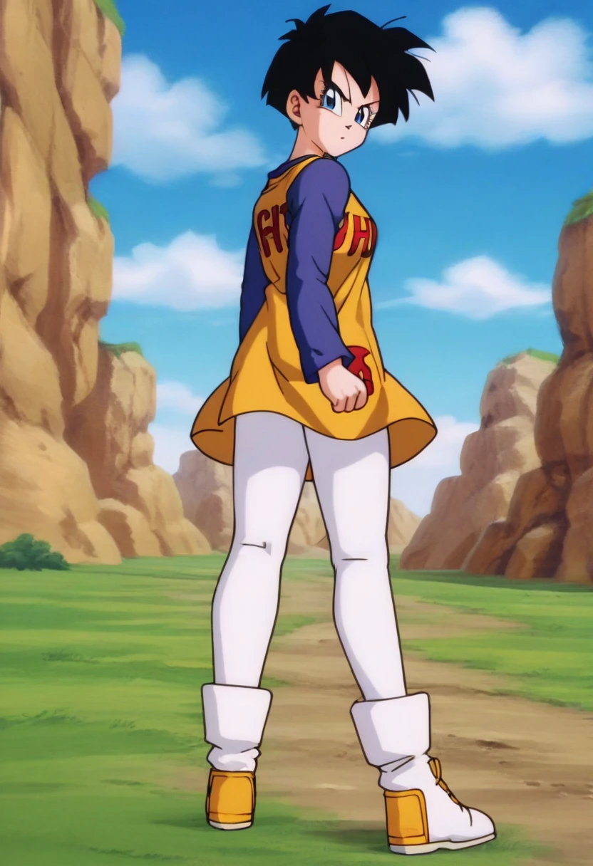 source_anime, score_9, score_8_up, score_7_up, anime screencap,8k, absurd res,
videl, 1girl, solo, looking at viewer, short hair, blue eyes, shirt, black hair, long sleeves, boots, outdoors, sky, day, cloud, blue sky, clothes writing, yellow dress, white footwear, text print, spiked hair, v-shaped eyebrows, from below, dress over shirt, clenched hands, blue shirt, white tights, print dress, midair, floating, From the back showing the ass 
 