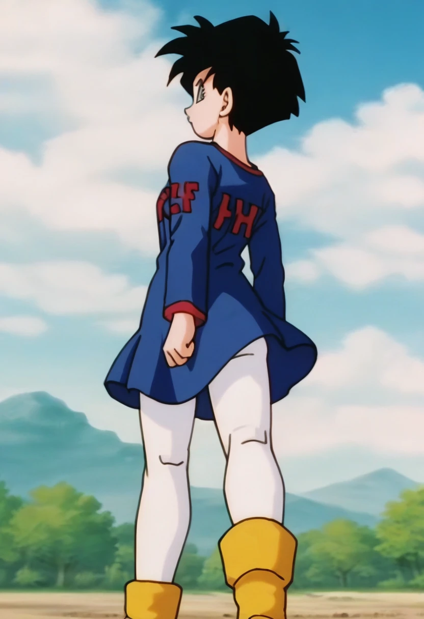source_anime, score_9, score_8_up, score_7_up, anime screencap,8k, absurd res,
videl, 1girl, solo, looking at viewer, short hair, blue eyes, shirt, black hair, long sleeves, boots, outdoors, sky, day, cloud, blue sky, clothes writing, yellow dress, white footwear, text print, spiked hair, v-shaped eyebrows, from below, dress over shirt, clenched hands, blue shirt, white tights, print dress, midair, floating, From the back showing the ass