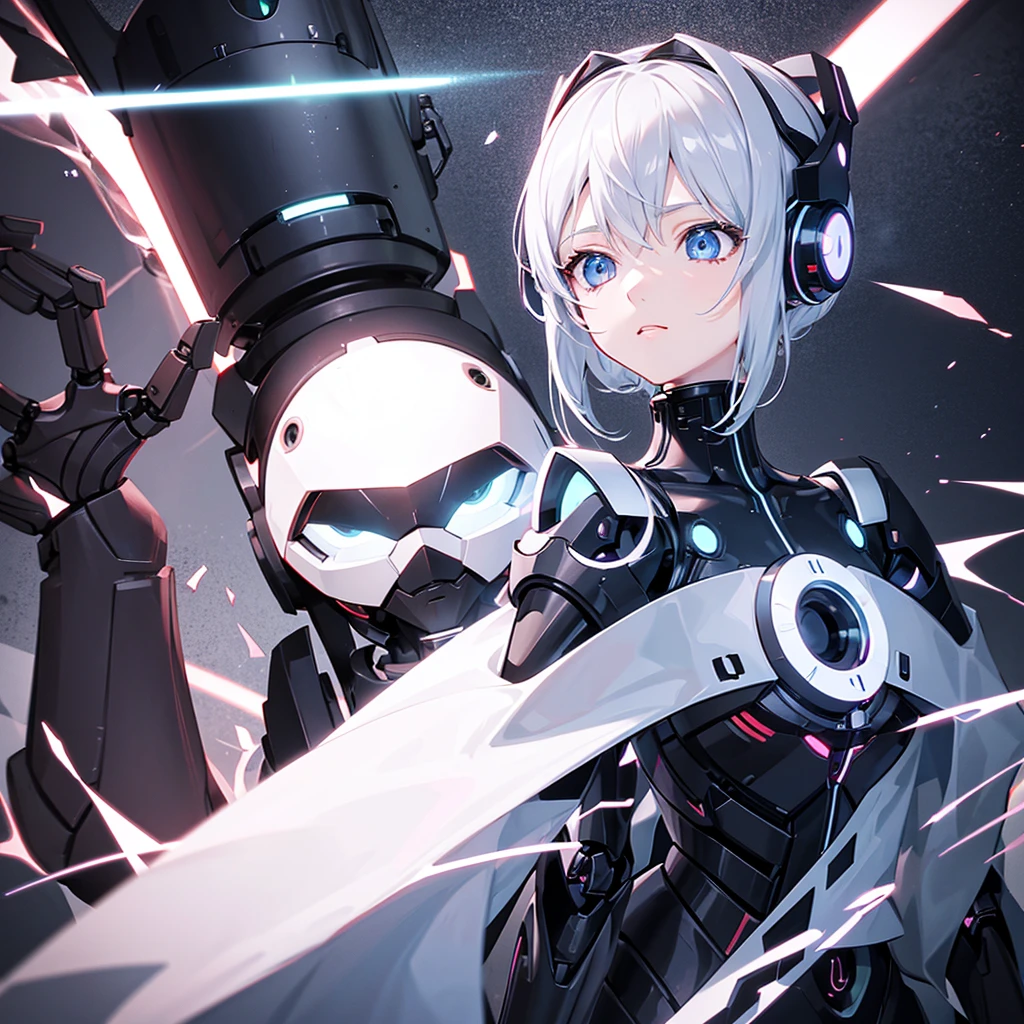 A robot like an anime girl stops in the office and she is charging herself. He faces into a camera and behind her are robots that look like 4K glowing eyes. 