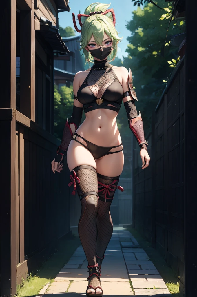 ((1girl, solo)), (((cowboy shot))), (legs apart:1.5), (large breasts:1.5), beautiful body, (perfect anatomy, perfect body, perfect hands, perfect legs), natural proportions, sexy body, (full body, full-body shot, full body front:1.5) BREAK
((extremely detailed face)), (beautiful detailed eyes:1.6), (realistic pupils, realistic iris:1), expressive eyes, looking at viewer, (clear eyes:1.3), (hyperrealistic:1.2), (detailed skin texture:1.2), smooth skin, kuki shinobu, purple eyes, green hair, ((mouth mask)), ninja mask, perfect face, perfect eyes BREAK
ninja, (fishnet top:1.5), (crop top:1.5), cleavage, bare shoulder, elbow gloves, (arm guard:1.5), partially fingerless gloves, midriff, black panties, ((black thighhighs)), (((greaves))), sandals, (revealing clothes:1.5), (samurai armor:1.5), thighs, ass visible through thighs, tassel, shimenawa, skindentation BREAK
outdoor, (day:1.5), (rural japan:1.3), shade of trees, trees, ((bright light)) BREAK
(masterpiece:1.5), anime-style, top quality, best quality, (beautiful and aesthetic:1.2), (ultra detail:1.5), Ultra-detailed depiction, Ultra-precise depiction, extremely detailed 8k illustration, high resolution, (highly detailed shading:1.2), (realistic lighting:1.4), perfect lighting, vibrant colors, dynamic tones, striking hues, 8k, absurd resolution, perfect shadows, hdr, UHD, ambient lighting, realistic, ultra-realistic, photo realistic, highly detailed, rich detail, luminous colors, fine texture, intricate design, professional illustration, (soft light:1.2), (illustration:0.7)