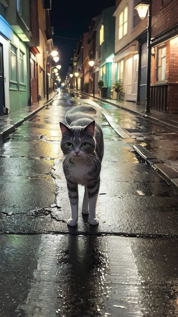 A gray street with puddles, dim streetlights, and a small, soaked gray cat with green eyes looking around.