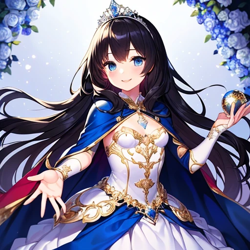 looking at viewer,(kawaii),(best quality),(ultra detailed),(rococo style),(long train blue cape:1.15), very long cape,(long train white ball gown with flower decorations:1.1), a girl is wearing a cape over her gown, 1 little princess, tiara, smile, very long hair, small breasts, beautiful detailed eyes, beautiful detailed lips