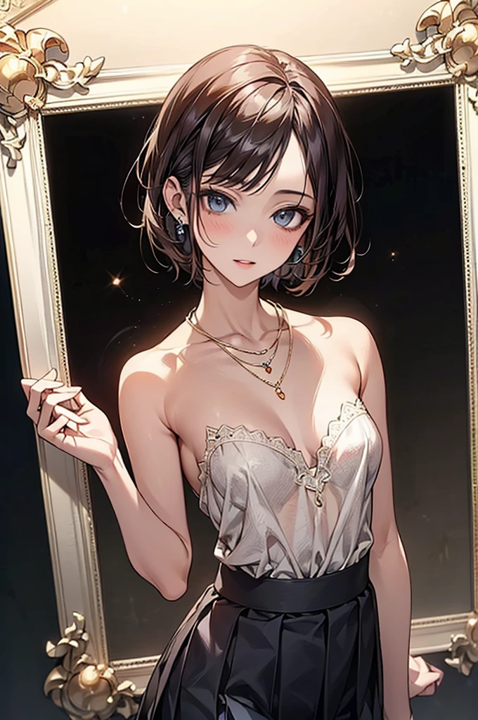 ((Biologically correct limb count))、(( Full-body photo including face))、4K、((Standing position))、masterpiece、((Focus on the face))、((Symmetrical facial features))、Eye for detailed depiction、Beautiful blue-haired woman、Excellent style、Beautiful clavicle、Beautiful feet、Beautiful Hands、Glamorous body、(stockings、garter belt、High heels)、Facial detailing、Small earrings、necklace、(No sleeve、Pleated skirt、Completely naked)、High heelsに照明を当てる、tie、sunny、(((Photo frame with white border)))、Seductive posture、((Looking up))、(Low - Angle、A camera angle that captures the inside of a skirt from below)、Silk gloves、(((Short Hair)))、(((Moments of ecstasy)))、((Looking back))