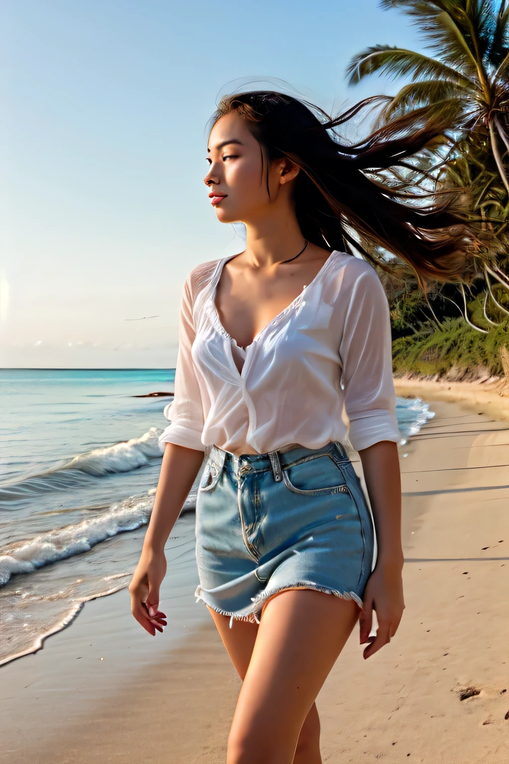 A beautiful girl stands by the beach, her hair flowing in the wind, with the serene ocean and sky as her backdrop this girl, walking to the road