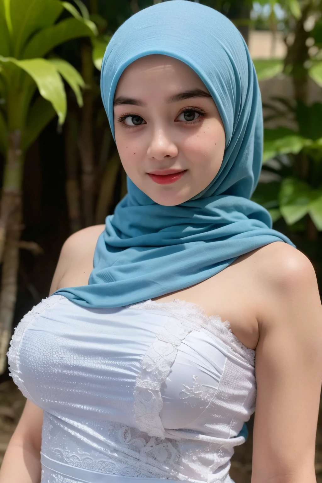 (Old Lady:1.7), Transparent transparency, (Light Blue Chubby Strapless Dress), adorable, 1 girl, (face to face), 10 years old, baby face, happy, half body portrait, (face details: 1), (eye details:1), ((big breasts)). wearing transparent transparency long shirt, .. Cute posed. proportional body. Ultra High Res. realistic: 1.4, UHD, tudung jilbab , lace 