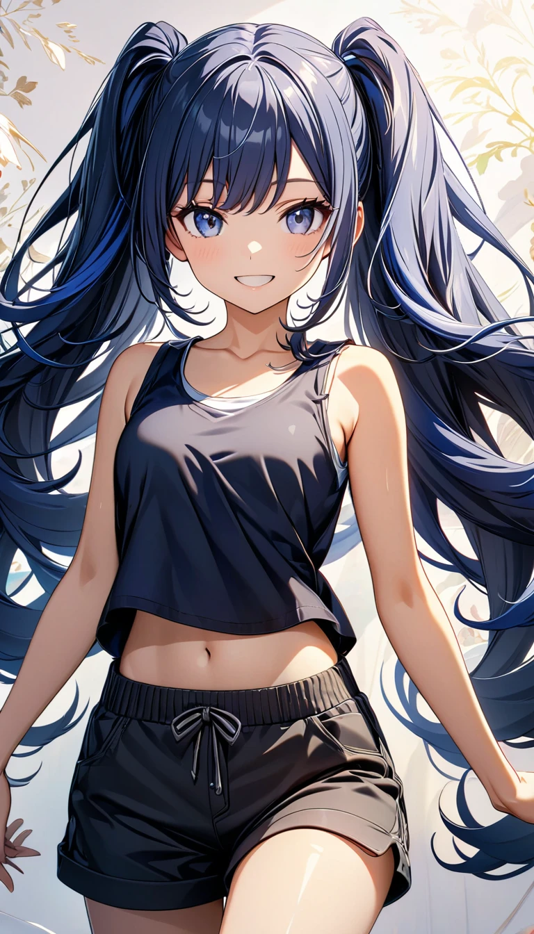 (masterpiece), (wallpaper 8k CG), (ultra-detailed), 1girl, (solo), (perfect face), (detailed outfit), whole body, shiny skin, (teenage girl), beautiful female, smile (happy), blue hair, long hair, twintails hair, blue eyes, (tank top, short pants), (white background:1.4),
