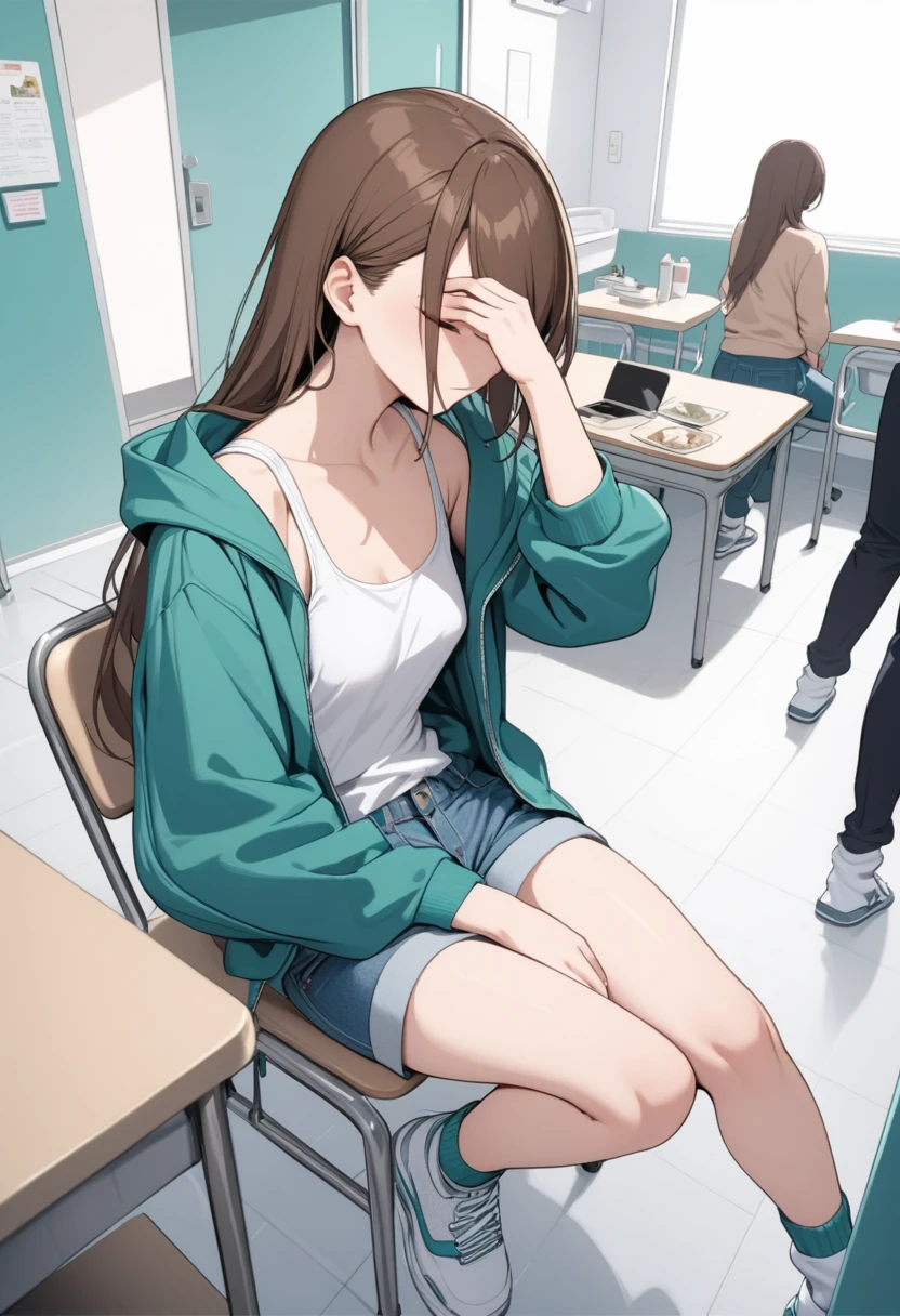 (masterpiece, best quality:1.2), young woman, unamused, facepalm, covered face, very long brown hair, swept bangs, closed eyes, open teal hoodie, ribbed white tank top, jean shorts, sneakers, baggy socks, from side, from above, sitting on chair, crowded large hospital hallway, teal walls, white floor, fake plants, small table with magazines, small breasts, thin, indoors