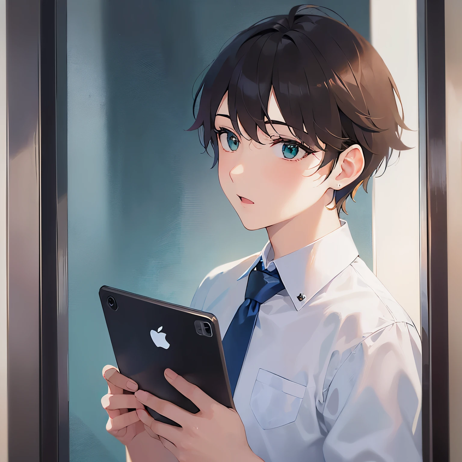 BREAK (25-year-old male:1.5) and (Mahogany brown short hair) and (Green Eyes) BREAK (white collared shirt) and (Blue tie)、(looking at viewer:1.5),Side shot masterpiece、Highest quality、 (surprised:1.5), The background is the office lobby.、(alone:1.5)