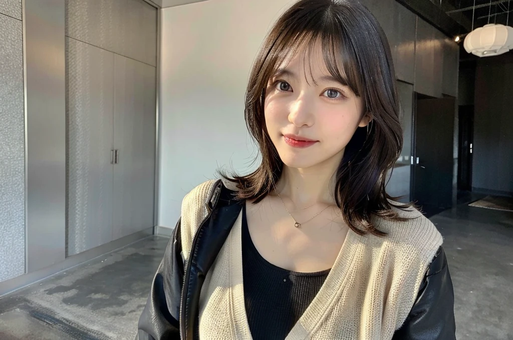 Pictured alone、The valley is visible、白いシャツの上からBlack jacket、Black jacket、Poses that emphasize cleavage、Very large breasts、Big Breasts、ボタンシャツからThe valley is visible、Japanese office lady clothes、Photographed in natural light、Highly detailed face and skin texture、Highly detailed lips、The correct state of the human body、Ultra-high resolution、(Photorealistic:1.4)、Highest quality, One beautiful woman, 30 years old, s, Selfie with mobile phone、Selfie style、Office Style Background,Concrete Background、Tile Background、(Dark brown long hair)、Black-haired、Long hair Japanese woman、(Dark brown hair)、Various poses、profile、Natural color lip、Spring Clothes、 necklace