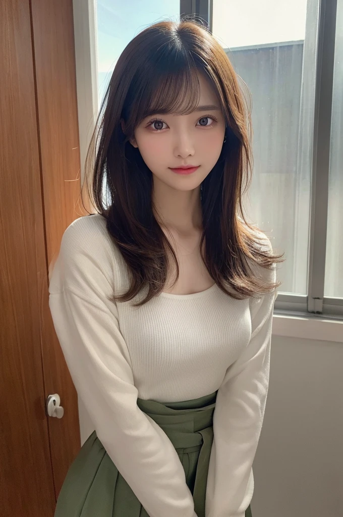 (8k, RAW photo, top quality, masterpiece: 1.2), (realistic, photorealistic: 1.37), ultra detail, ultra high resolution, one girl, beholder, beautiful detailed face, smile, constriction, (slim waist): 1.3), beautiful detailed skin, skin texture, floating hair, professional lighting, Japanese beautiful girl, medium hair, 20 years old, attractive breasts, upper body, full body from knees to head, in the room, Shift gaze away, gaze into the distance, open clothes