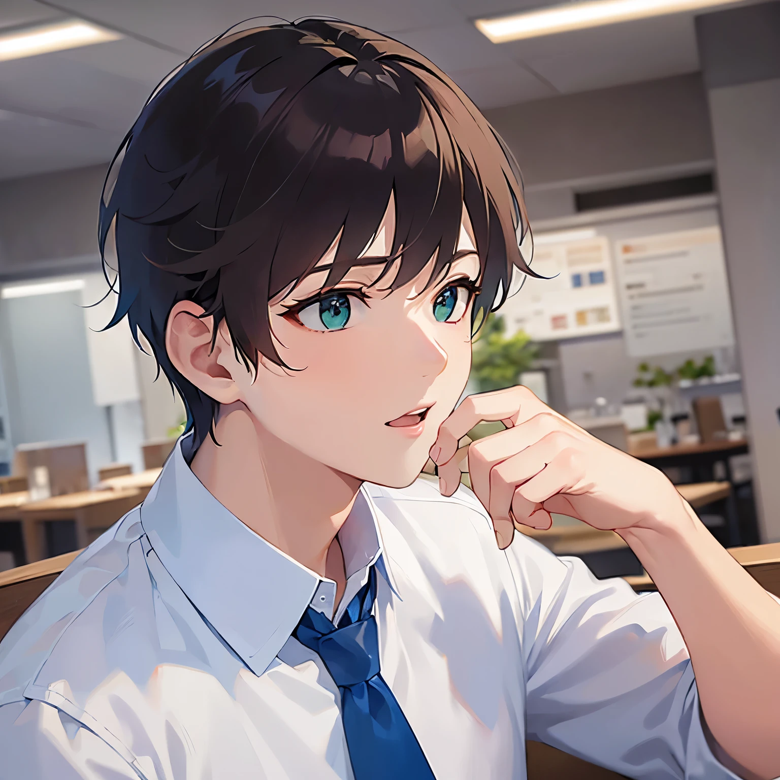 (looking away:1.5)、masterpiece、Highest quality、(25-year-old male:1.5) and (Brown short hair) and (Green Eyes), (Wearing a white shirt:1.3) and (Blue tie)、
surprised、The background is the office lobby.、(Alone:1.5),open mouth