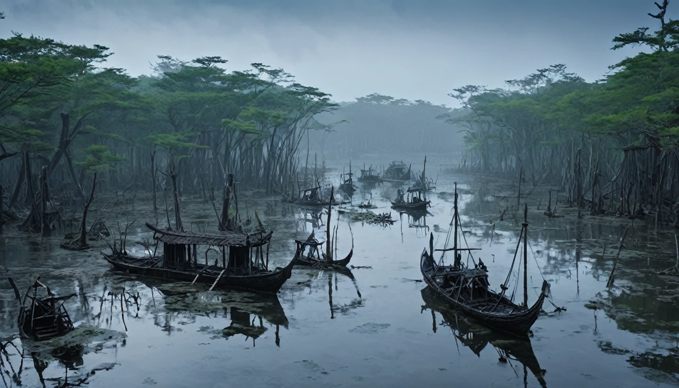 Swamp of the Dead In the misty swamp、Ruined ships and skeletons are scattered around。The souls of the dead float on the water&#39;s surface, emitting a pale light.、A low groan can be heard from deep within the swamp.。In the center stands a huge black tree.、There are countless glowing red eyes on its trunk.。