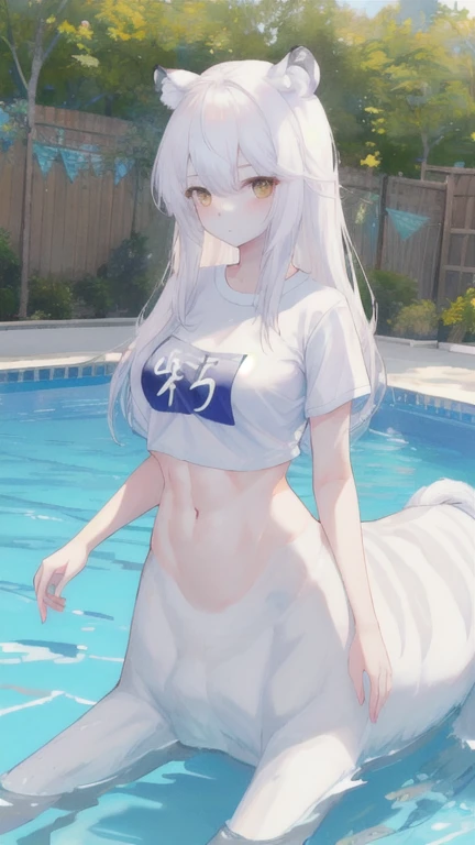 (best quality, masterpiece), 1 girl, centaur, It takes, White skin, Korean  ,Abs,swimming competition,exposing the abdomen,belly button t-shirt, 아름다운 소녀 perfect white tiger photo, perfect white tiger photo