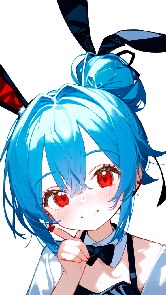 Light blue hair, two ponytails under ears, red eyes, young girl figure, bunny ears, embarrassed smile, hand on chin