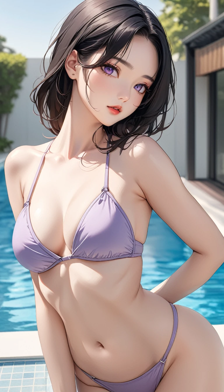 masterpiece, high resolution, beautiful woman, Korean Beauty, 30 years old, purple bikini, beautiful woman, pool, looking at me, high resolution face, (high resolution eyes)
