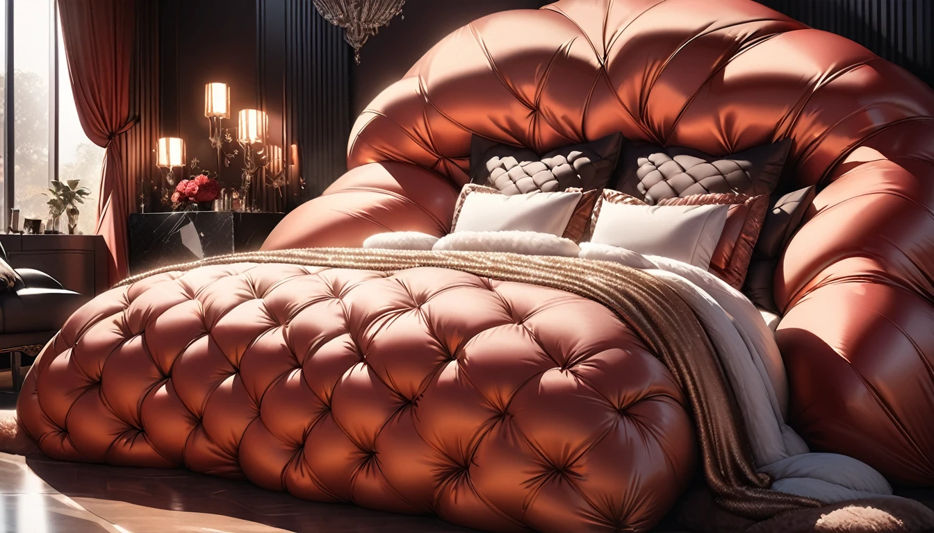 A fluffy red silk feather duvet, many huge silk body pillows, a luxurious and fluffy red silk bed, red silk sheets, 8k, best quality, high detailed, photorealistic, dramatic lighting, warm tones, luxurious, soft, plush, velvet, satin, velvety textures, elegant, sophisticated, premium, lavish, opulent, sumptuous, indulgent, exquisite, refined, lush, huge bed