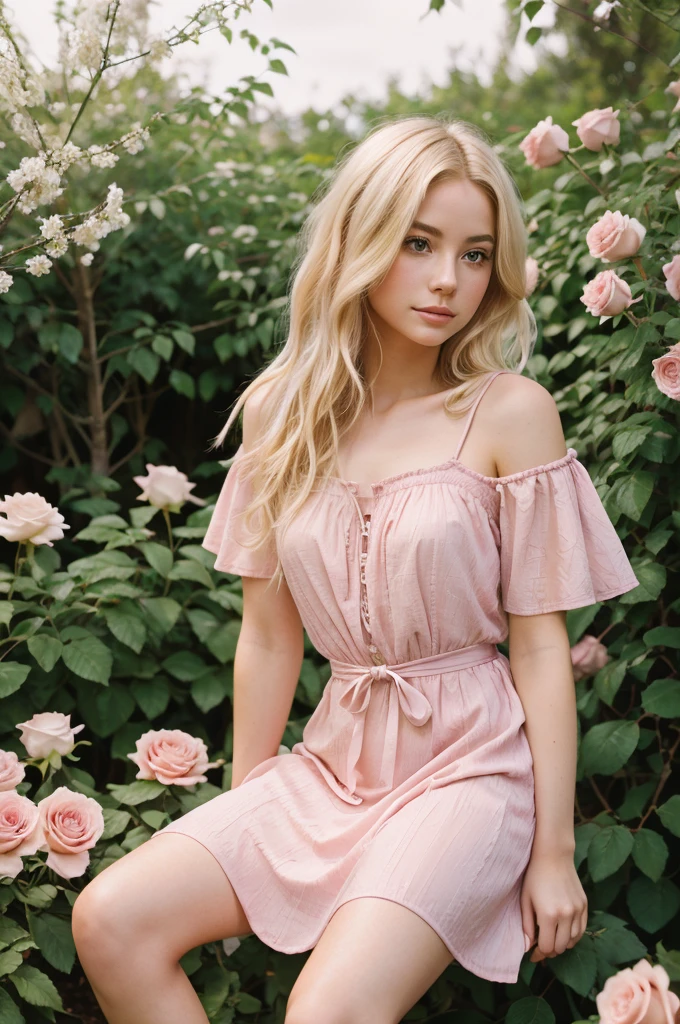 8k, RAW photo, Fujifilm, style photo of a beautiful young woman as avril in a garden of light pink roses (highly detailed skin: 1.2) Style-Petal BREAK short hair, blonde hair with colored locks, wearing a dress, film granulation, 35mm, cute style