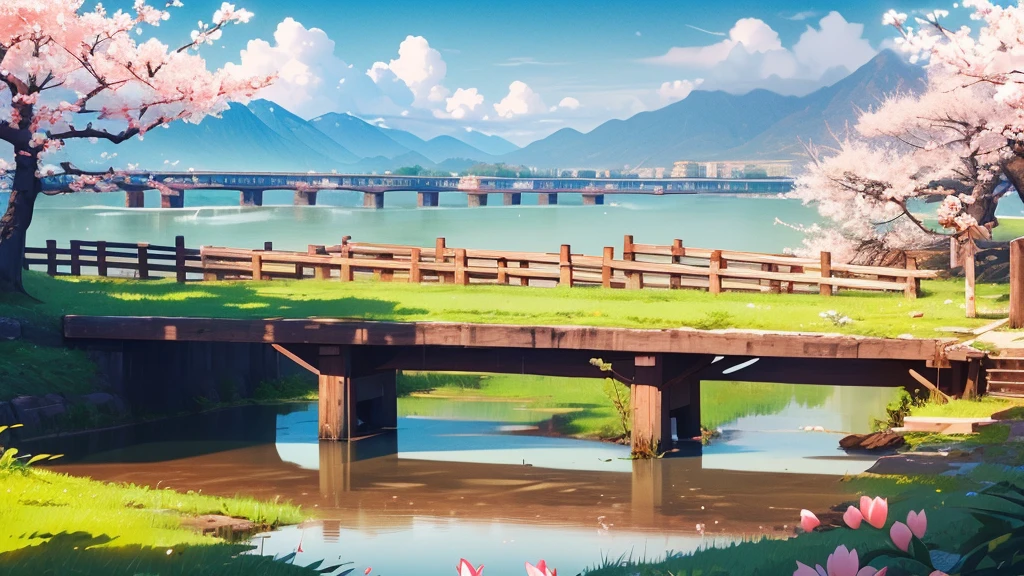 Peach blossom trees rising beside the river, Chinese style, overflowing flowers, distant view ((background:1.8))