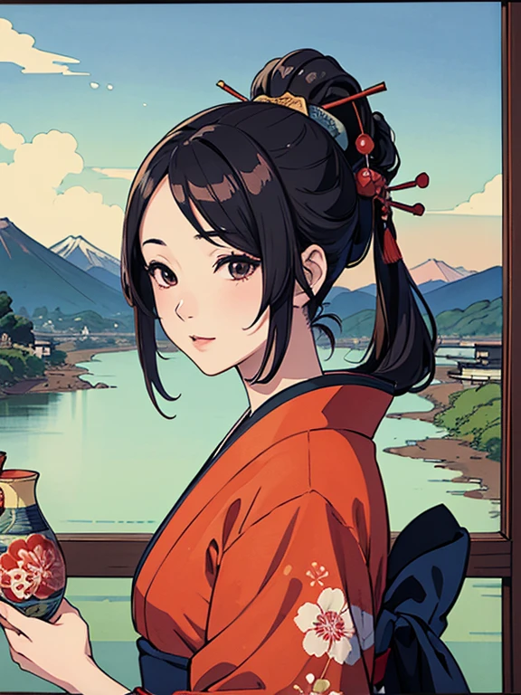 (Highest quality、masterpiece、High resolution、8K)、Vibrant colors、Ukiyo-e、Utamaro、Kimono Beauty、river、Mount Fuji in the distance、Japanese Landscape、Official Art、