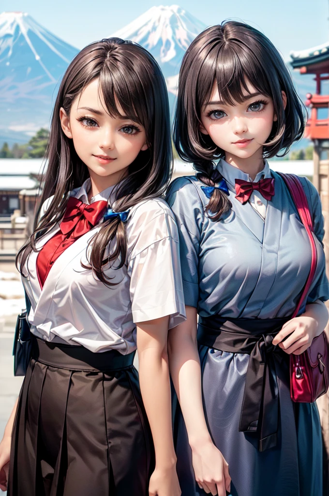 ((8K, RAW Photos, Highest quality, masterpiece)),((Showing the kimono from the obi up：1.5)), High-resolution RAW color photos、

Professional close-up photography, (Realistic, フォトrealism: 1.37), 

(Highest quality), (Best Shadow), (Best illustrations),

High-quality images、Skin Radiance、Texture of skin and clothing、

Expression of fine eyes、Shiny Hair,Long Hair Girl, Manga inspired by Lee Jong-suk, 

Trending on deviantart, realism, detailed manga style, Manga art style,

Perfect Line Drawing, Beautiful line art, digital manga art girl, K-POPアイドル,

 Beautiful brown eyes, Fuller lips, Gorgeous face with attention to detail, 

(Cute Smile), attractive, Innocent, (Perfectly detailed face), 

(Detailed and carefully drawn hand) Photorealistic images, Written boundary depth, 

(Japanese style princess cut hairstyle:1.5), 

best quality, masterpiece, New Year, 

 

Three Japanese high-school cute girls, ((looking straight:1.7)), 





a short-sleeved Japanese-blue-high-school-sailor-suit,

((Reddish bow tie, with a school bag:1.5)) 



((gently smiling:1.7)), 

((upper arms hidden by clothes and hair:1.5)),

(innocent and pure high-school-girls:1.7)



(separately side by side:1.5), 

shrine background, (mount Fuji:1.3), ((snow))

winter(season), (outdoors:1.5)