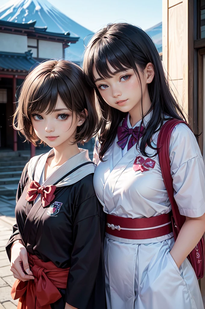 ((8K, RAW Photos, Highest quality, masterpiece)),((Showing the kimono from the obi up:1.5)), High-resolution RAW color photos、
Professional close-up photography, (Realistic, フォトrealism: 1.37),
(Highest quality), (Best Shadow), (Best illustrations),
High-quality images、Skin Radiance、Texture of skin and clothing、
Expression of fine eyes、Shiny Hair,Long Hair Girl, Manga inspired by Lee Jong-suk,
Trending on deviantart, realism, detailed manga style, Manga art style,
Perfect Line Drawing, Beautiful line art, digital manga art girl, K-POPアイドル,
Beautiful brown eyes, Fuller lips, Gorgeous face with attention to detail,
(Cute Smile), attractive, Innocent, (Perfectly detailed face),
(Detailed and carefully drawn hand) Photorealistic images, Written boundary depth,
(Japanese style princess cut hairstyle:1.5),
best quality, masterpiece, New Year,
Three Japanese high-school cute girls, ((looking straight:1.7)),
a short-sleeved Japanese-blue-high-school-sailor-suit,
((Reddish bow tie, with a school bag:1.5))
((gently smiling:1.7)),
((upper arms hidden by clothes and hair:1.5)),
(innocent and pure high-school-girls:1.7)
(separately side by side:1.5),
shrine background, (mount Fuji:1.3), ((snow))
winter(season), (outdoors:1.5)