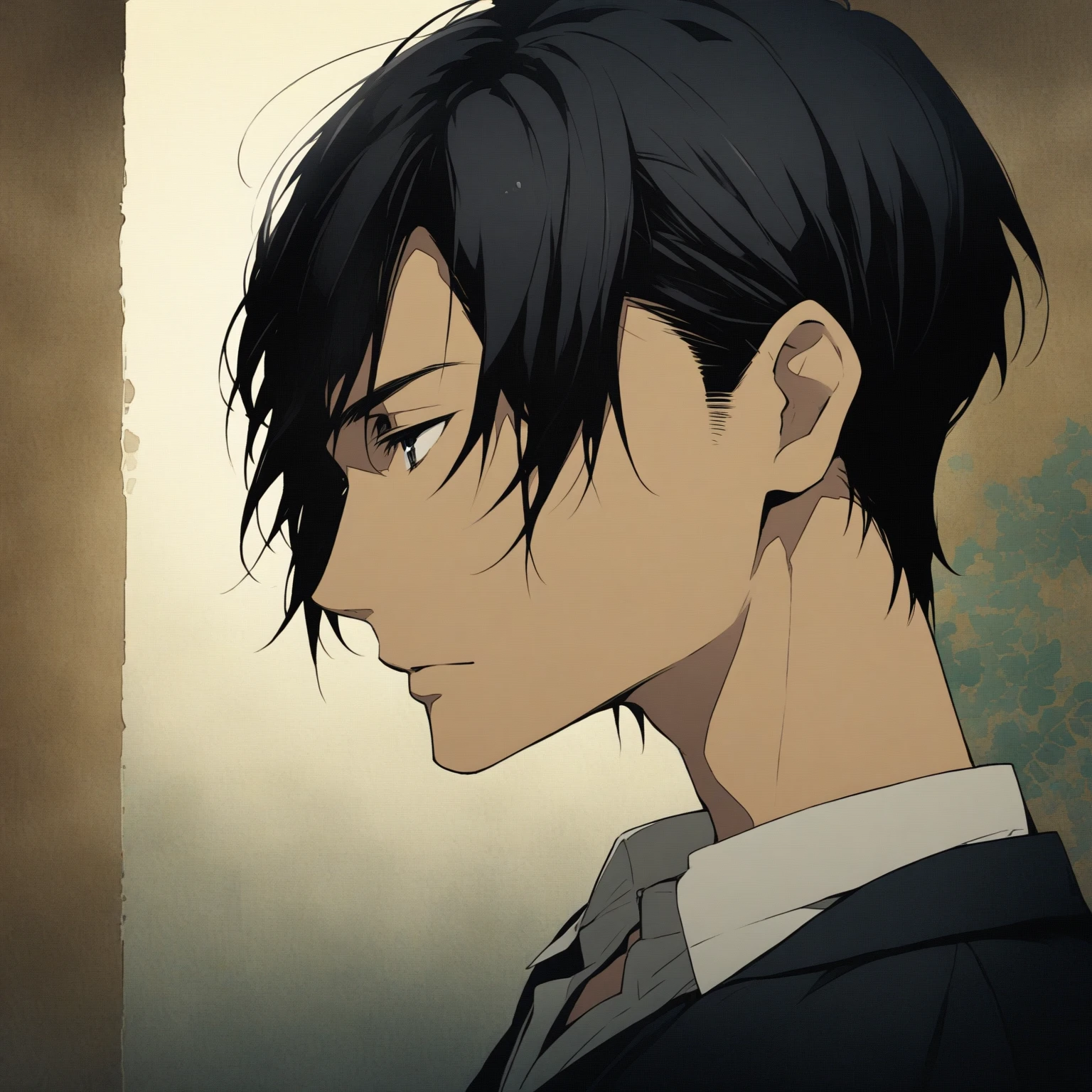 ・Profile illustration icon,Black hair center part、Flat painting - Portrait:A man in his early 30s、Hair should be parted in the center。 ·atmosphere:It has a stylish atmosphere.、Simple fill、With a bright feeling