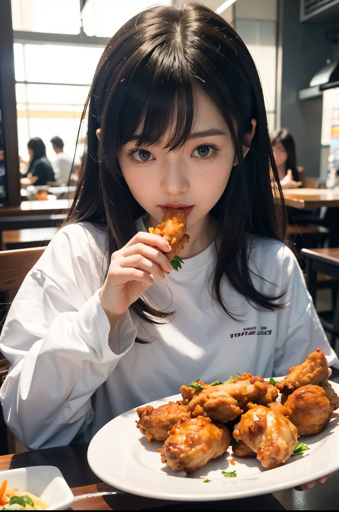 Beautiful Japanese Waifu, early 30s, brunette hair, white tshirt, eating fried chicken wings, in dinner