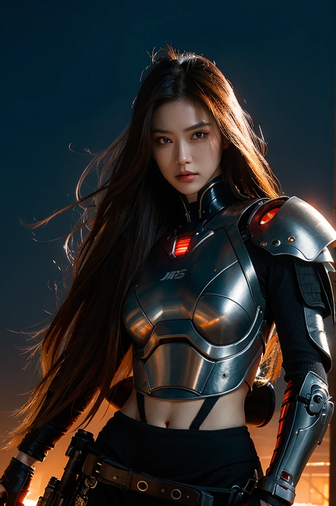 realisticlying, A high resolution, softlighting,a 1 woman, alone, hip-up, (Detailed face), Red long-haired, Cyber Samurai, cyborg, cyber punk perssonage, cyber armour, holdingweapon,glowing,guns, sea beach