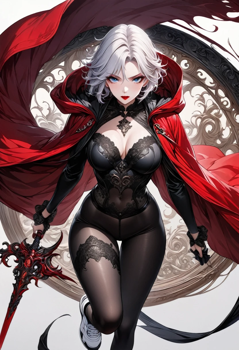 Ashhad style,Extremely detailed,high resolution,Intricate details,(best quality:1.2),(masterpiece:1.2),Extremely detailed CG unity 8k wallpaper,illustration,The original, Delicate face, 1 Girl,White short hair, blue eyes, Mature:1.2, Long red and black fabric hoodie , Black leggings, Red Hood:1.2, Red lips, Red makeup, White running shoes, White background