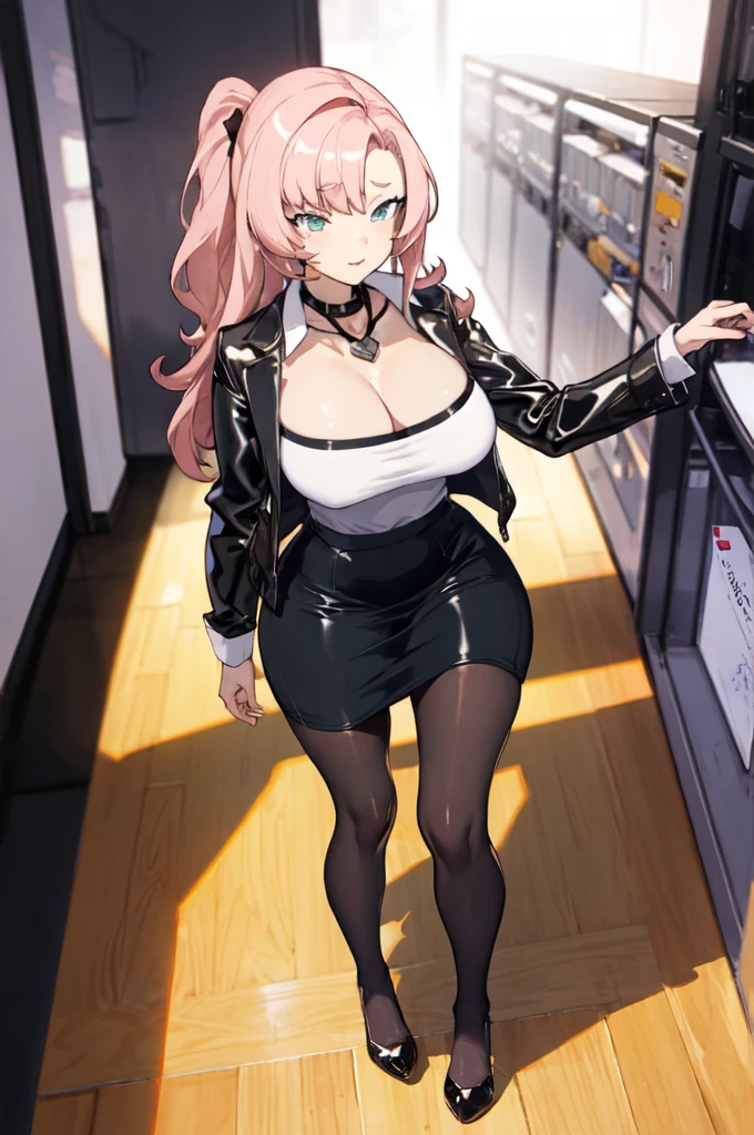 Nicole starts (1.5&oversize&pony) | Genless Zone Zero,latex clothes, collar shirt, pencil skirt, black pantyhose, ((office)),((company)),((Mesugaki)),