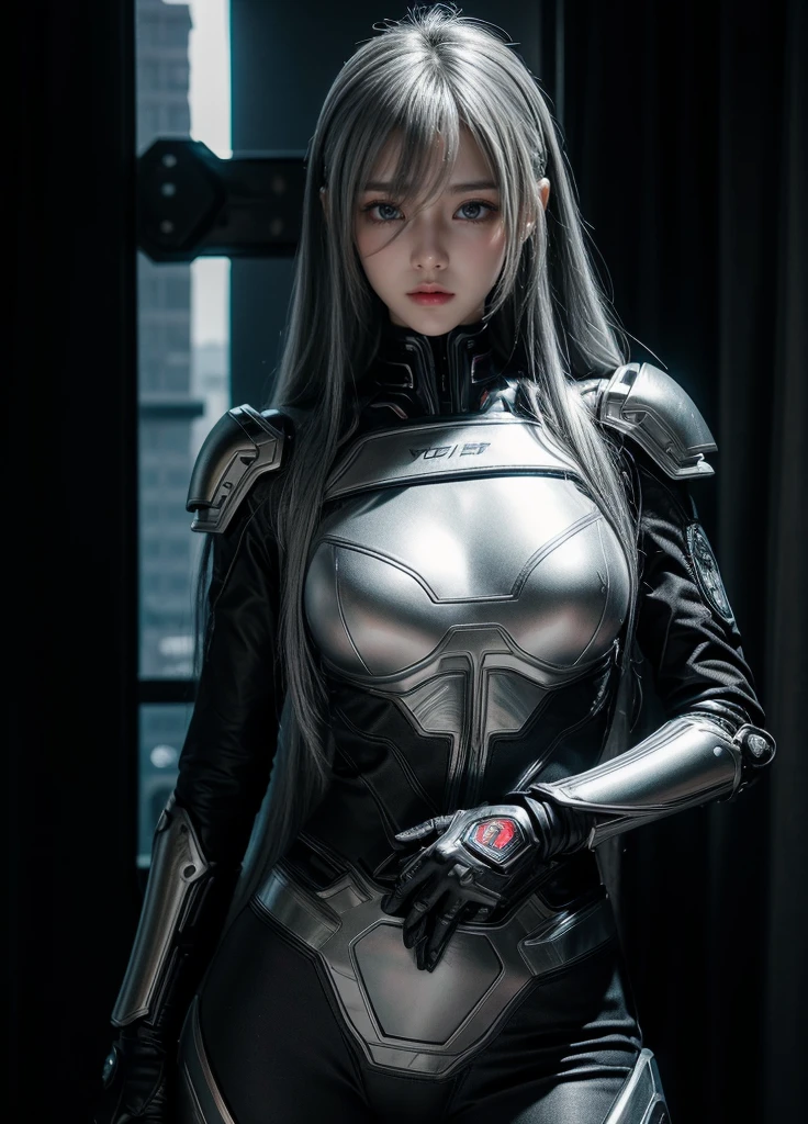 cyber angel,machine wing,{{Sci-Fi Armor}},cyber suit,cyberpunk,science fiction,cyber battle armor,Battledress,Military Uniforms,pants,black military uniform,whole body,Height: 168cm,almond shape eyes,{{{{{silver eyes}}}}},{{{{{dull bangs}}}}},(slanted eyes},{{whole body},{{{1 girl}}}, long hair, straight hair,{{{{silver hair}}}},{{{tsurime}}},30 years old,{Medium chest},{{bush}},silver eyes,{{{masterpiece}}}, {{{highest quality}}}, {{Super detailed}}, {shape}, {{very delicate and beautiful}},very detailed,detailed perfect,detailed hyper,Abundant thighs,big ass,black clothes