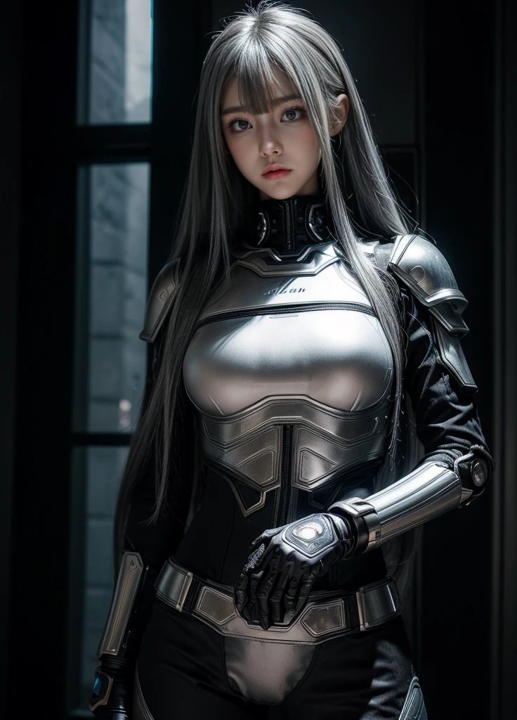 cyber angel,machine wing,{{Sci-Fi Armor}},cyber suit,cyberpunk,science fiction,cyber battle armor,Battledress,Military Uniforms,pants,black military uniform,whole body,Height: 168cm,almond shape eyes,{{{{{silver eyes}}}}},{{{{{dull bangs}}}}},(slanted eyes},{{whole body},{{{1 girl}}}, long hair, straight hair,{{{{silver hair}}}},{{{tsurime}}},30 years old,{Medium chest},{{bush}},silver eyes,{{{masterpiece}}}, {{{highest quality}}}, {{Super detailed}}, {shape}, {{very delicate and beautiful}},very detailed,detailed perfect,detailed hyper,Abundant thighs,big ass,black clothes