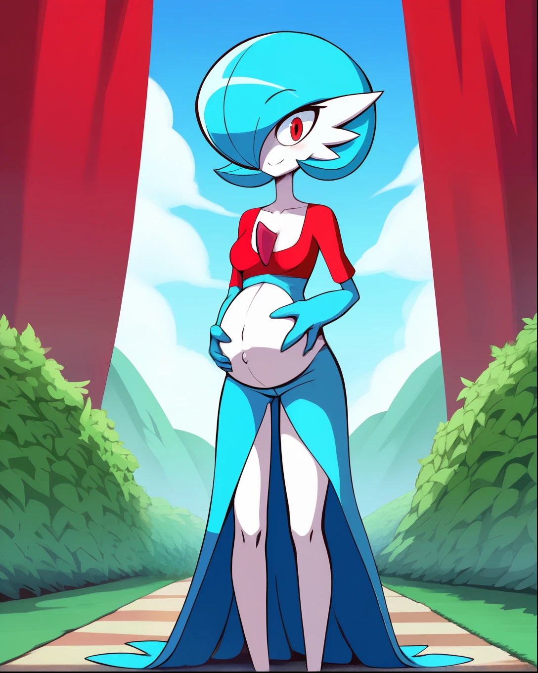 score_9, score_8_up, 1girl, gardevoir, happy, full body, outdoors, human proportions, looking at viewer, by diives, pregnant, pregnancy, shy smile, rubor, mirada tranquila, tranquila, manos en la cadera, hands on belly, senos, senos femeninos, senos grandes, big , lago, fondo de lago, en un lago, short, blusa, blusa roja, ropa ajustada, ropa corta. Blue shorts, red blouse.