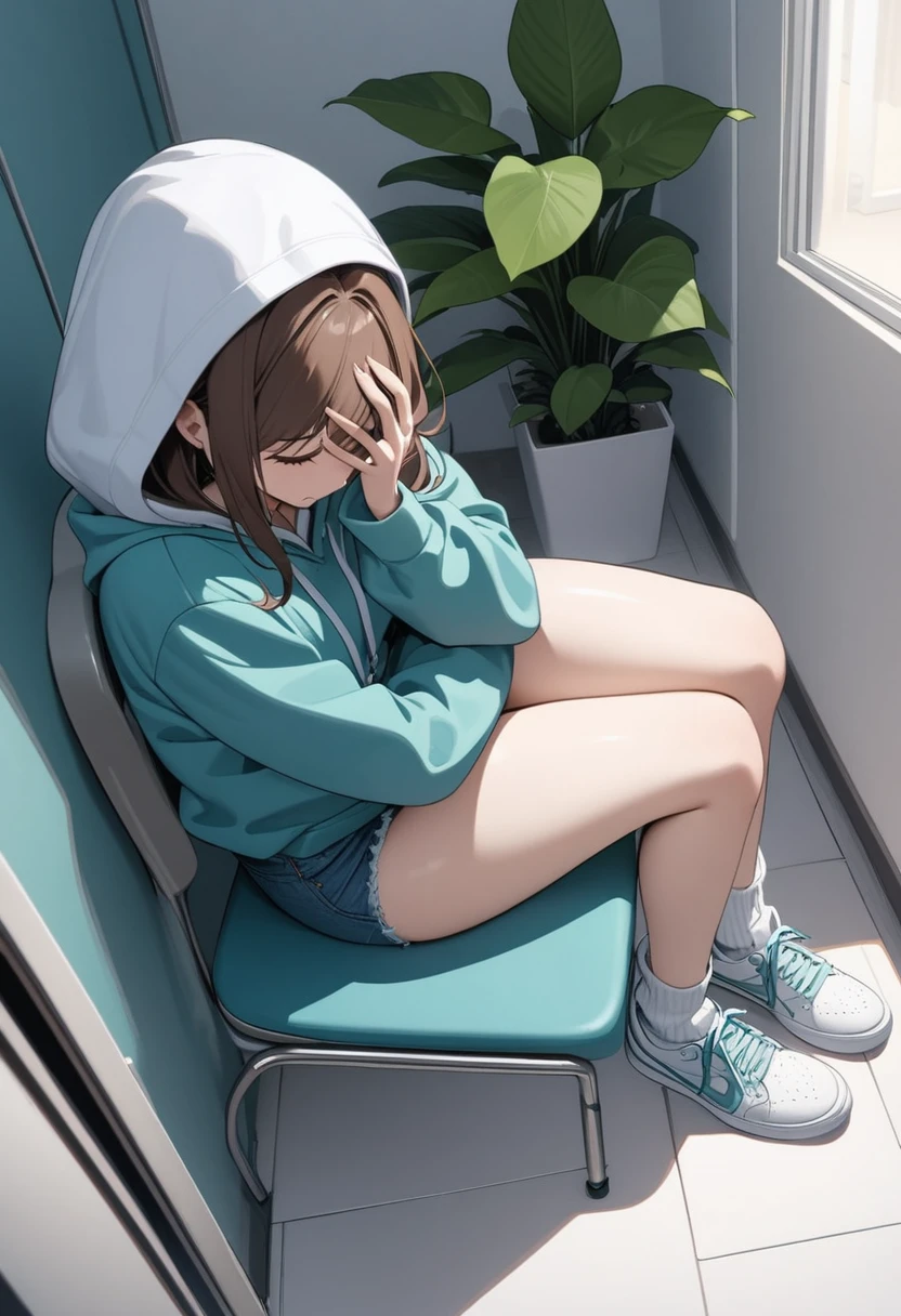 (masterpiece, best quality:1.2), young woman, unamused, facepalm, covered face, very long brown hair, swept bangs, closed eyes, open teal hoodie, ribbed white tank top, jean shorts, sneakers, baggy socks, from side, from above, sitting on chair, crowded large hospital hallway, teal walls, white floor, fake plants, small table with magazines, small breasts, thin, indoors