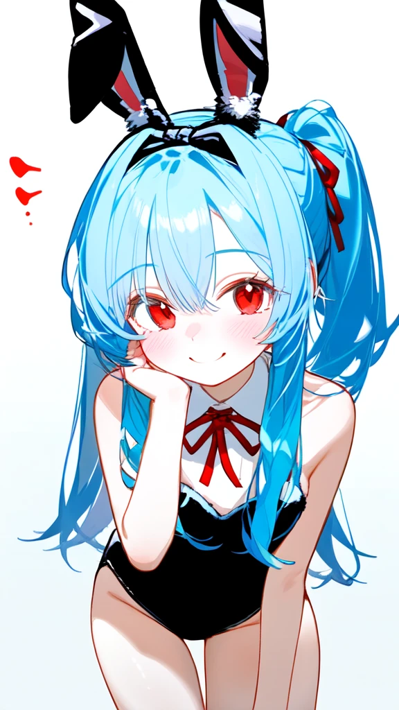 Light blue hair, two inward-curling ponytails under the ears, red eyes, young girl figure, bunny ears, embarrassed smile, hand on chin, ribbon