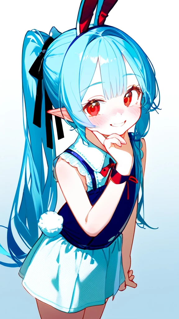 Light blue hair, two inward-curling ponytails under the ears, red eyes, young girl figure, bunny ears, embarrassed smile, hand on chin, ribbon